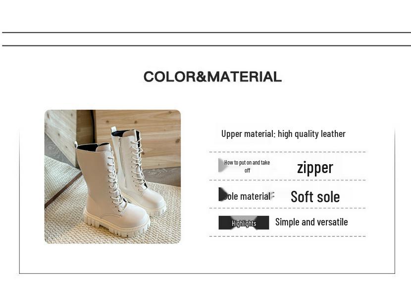 Non-Slip Leather High-Top Kids Boots with Side Zippers, Spring/Autumn, Wear-Resistant, Dr. Martens Inspired, Available in Off-White and Black.