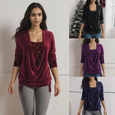 Женский топ с длинными рукавами, пайетками и отложным воротником, осень/зима 2024 года — свободный плиссированный искусственный двухкомпонентный дизайн