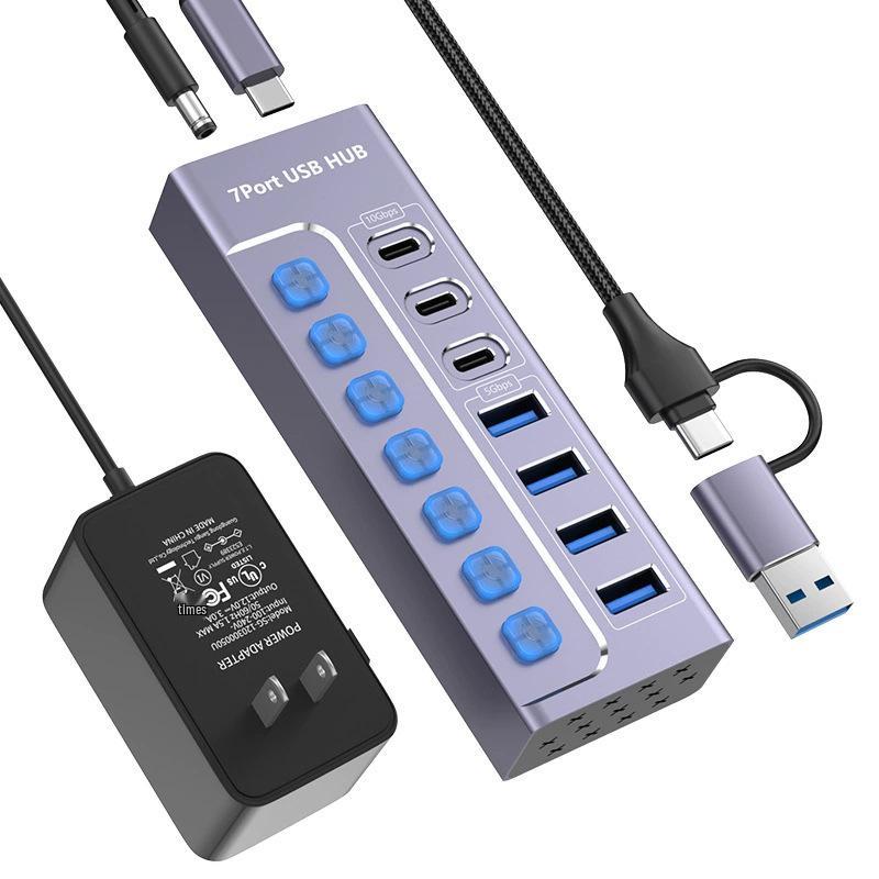 USB 3.0 7-портовый концентратор-разветвитель, док-станция 10 Гбит/с с независимыми переключателями