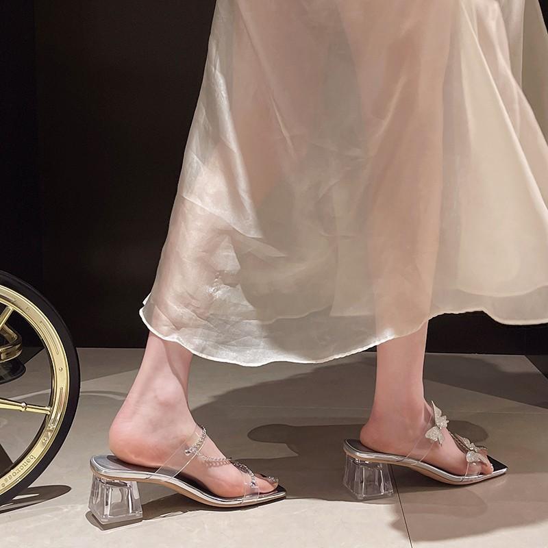 High-heeled sandals for women's outer wear summer new rhinestone bow with women's thick-heeled cool slippers