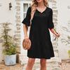 Women's Fashionable And Casual Flared Sleeve V-neck Solid Color Loose Dress