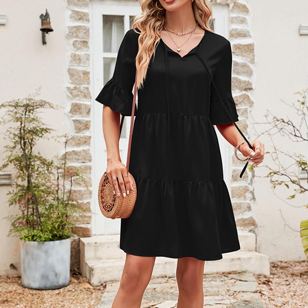 Women's Fashionable And Casual Flared Sleeve V-neck Solid Color Loose Dress