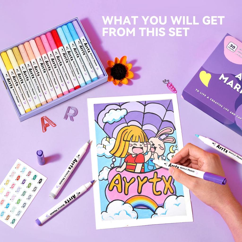Arrtx Акриловая Краска Ручка 30 Кисть Наконечник Акриловый Маркер Ручка для Камня Ткань и DIY Проекты Цвета, Живопись, Дерево, Стекло, Холст, Металл, Пластик, (К)