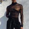 Men High Neck Long Sleeve Twisted See Through Tops Party Mesh T-Shirts