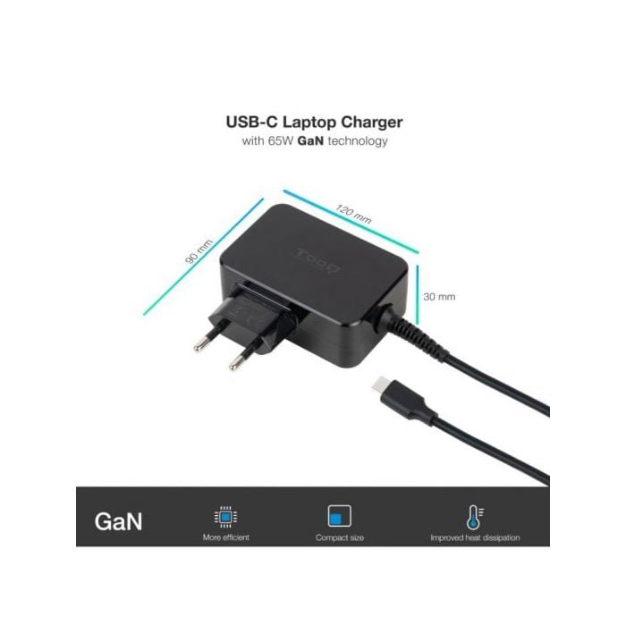 Chargeur pour ordinateur portable - Tooq - Gan USB-C PD 65W - 65W - Câble USB-C 1,8m - Noir