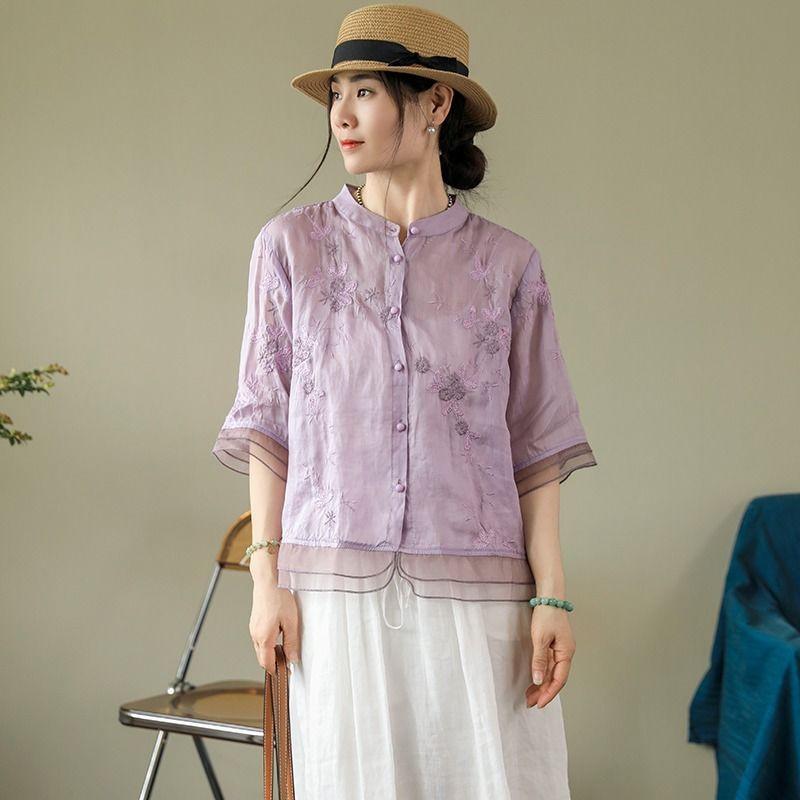 Летний литературный и ретро вышитый хлопково-льняной топ, рукав семь четвертей, этнический стиль, рубашка с вставками, женственный темперамент