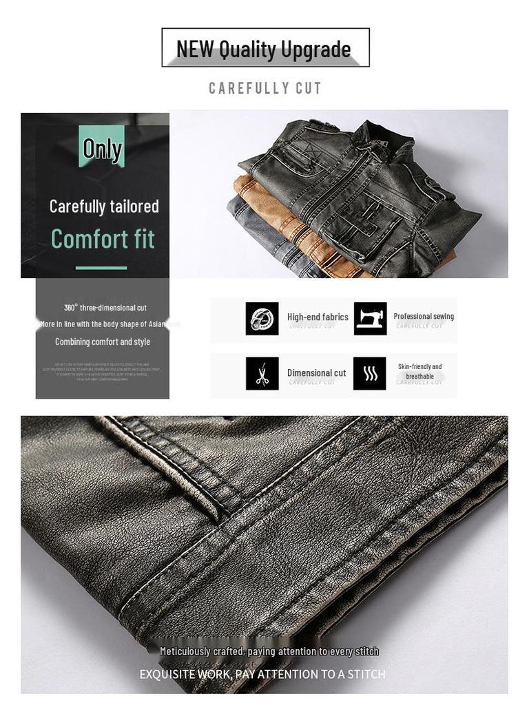 Black Youth Leather Jacket with Stand-up Collar & Side Seam Pockets