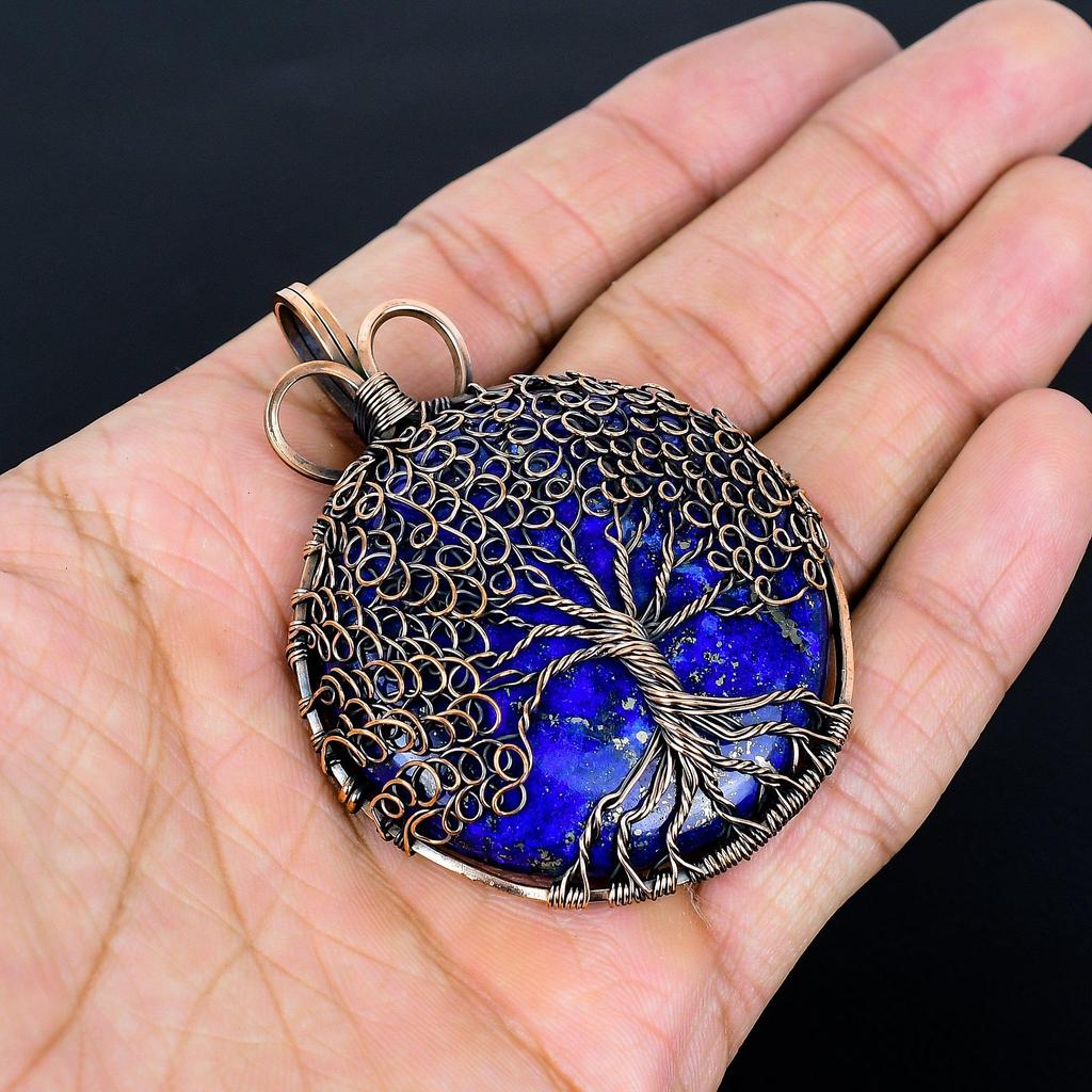 Кулон Древо Жизни из лазурита, Кулон ручной работы с обмоткой из медной проволоки 999 пробы, Антикварные украшения, Для подарка, Медные украшения