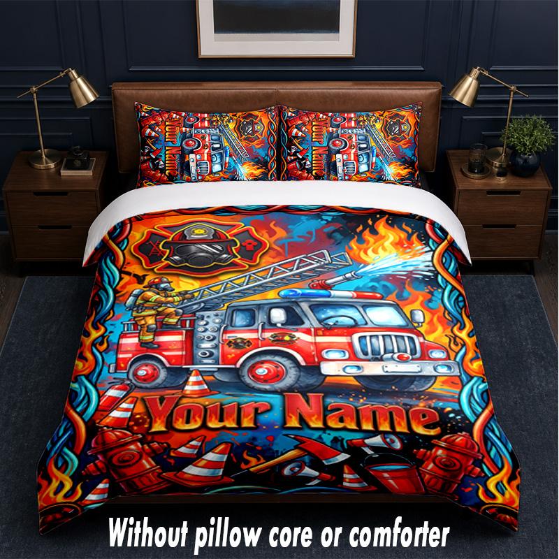 Fire Truck Theme Custom Text Or Name 3Pcs Bedding Set,1 Flat Sheet & 2 Pillowcases Personalized Home Bedding
