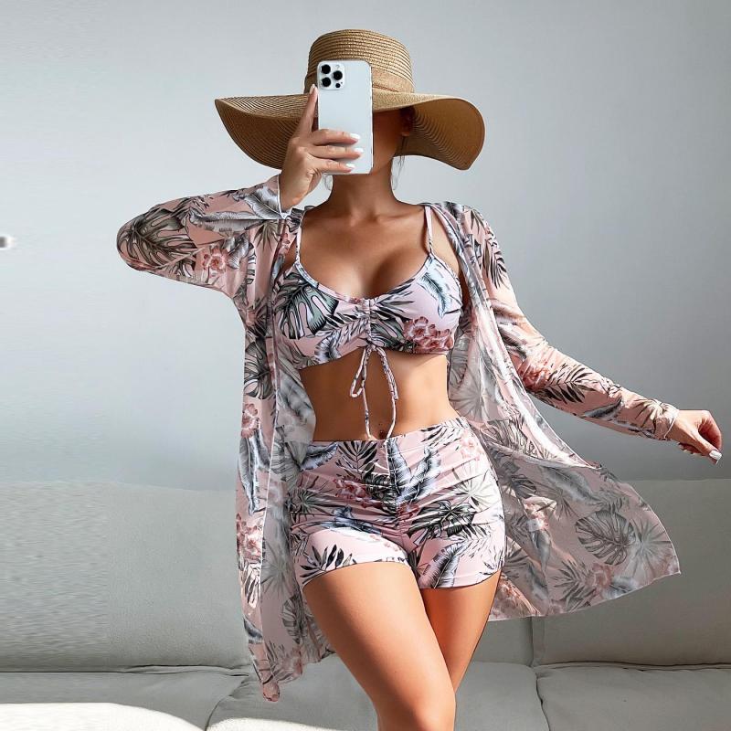 Swimsuit Women's Split Three Piece Set High Waist Long Sleeve Ins Overshirt Drawstring Printed Bikini Suits