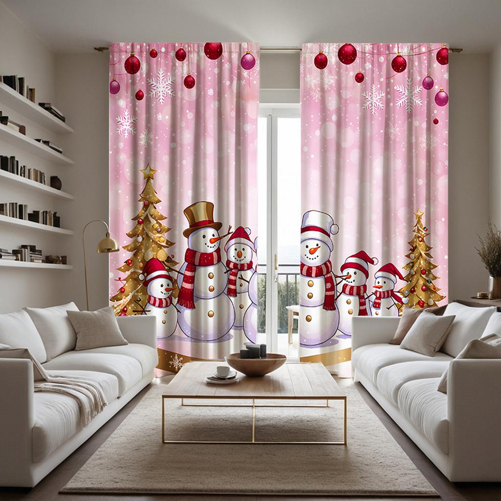 2pcs Set HD Christmas Six Snow Man Decorative Curtains Pink Tie Digital Printed Curtains Home Decoration Style Decorated Livi
