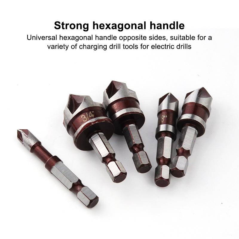 5 шт./набор 1/2"1/4" 3/8" 3/4"5/8" Зенковочное сверло Шестигранный хвостовик Фреза Резак для отверстий Дерево Металл Пластик Инструменты для снятия фаски