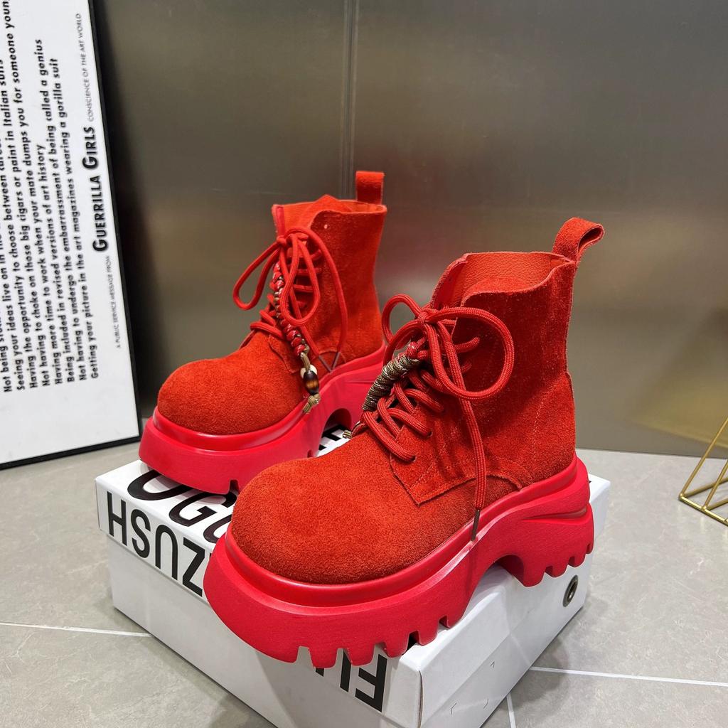 2025 осень новые матовые кожаные ботинки Мартин женская обувь платформа маффин круглый носок шнуровка повседневные ботинки-локомотивы короткие ботинки женские