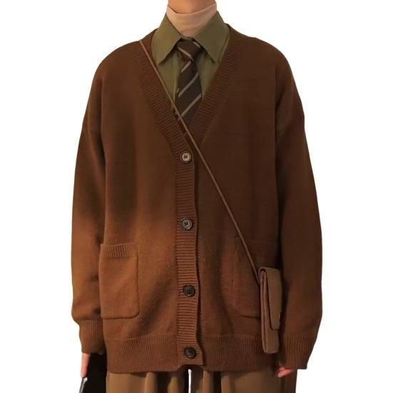 Осень-зима мужской свитер кардиган с V-образным вырезом трикотажный толстый эластичный длинный рукав свободный стиль преппи теплый однотонный трикотаж повседневная одежда свитер пальто