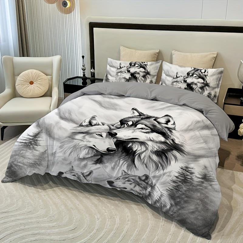 3 шт. Пододеяльник с рисунком тушью «Волк», Удобная ткань 100% полиэстер, 1 пододеяльник, 2 наволочки, без наполнителя, на четыре сезона