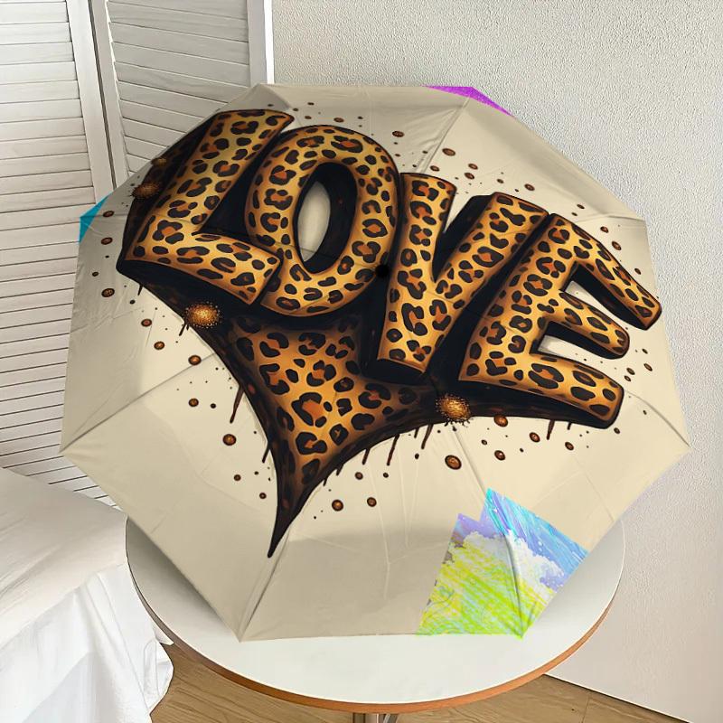 1pc love leopard print Automatic Open/Close Umbrella Compact Folding Umbrella with 8-Rib Shaft for Women/Men, Elegant Birthday1183S