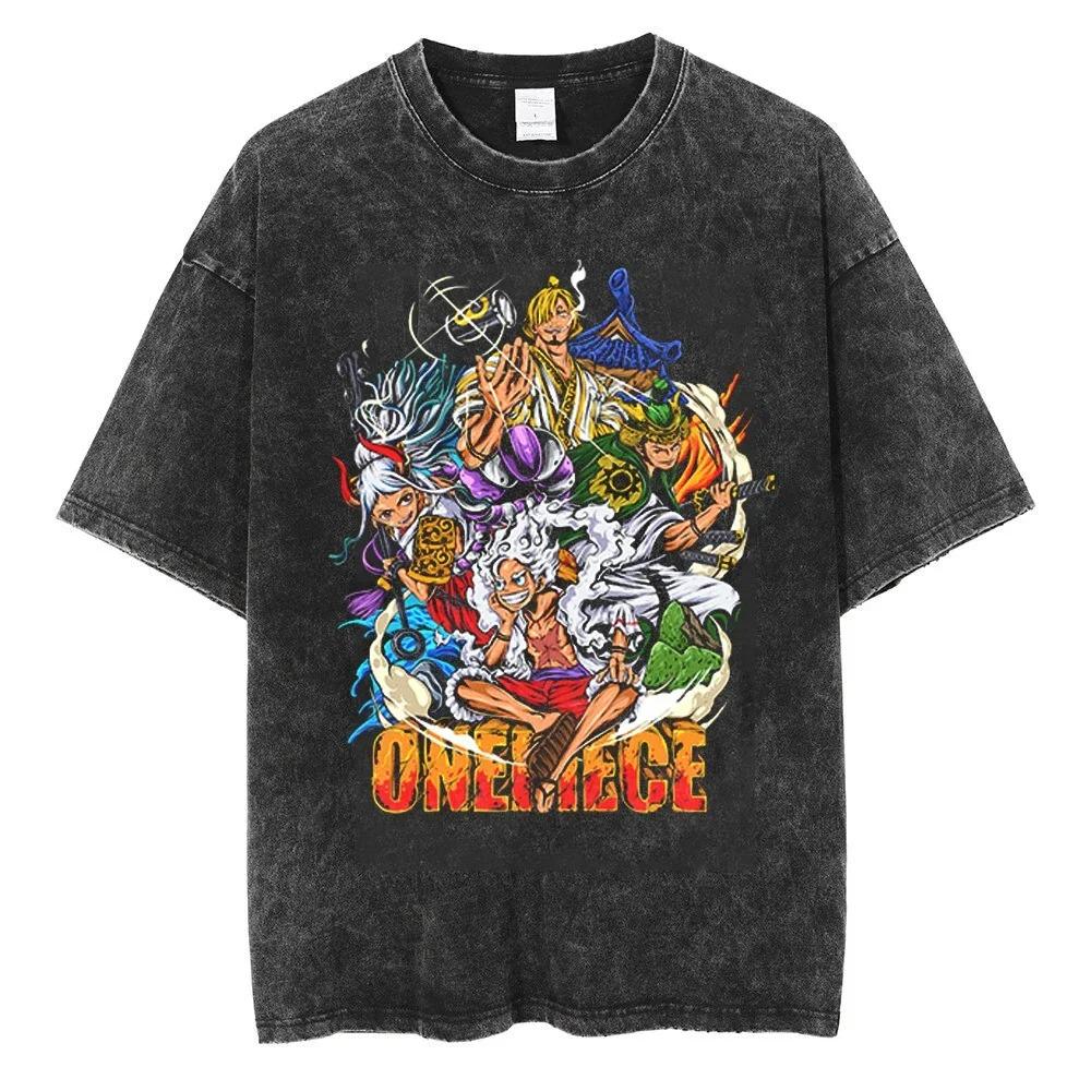 One Piece Gear 5 Луффи и Команда Соломенной Шляпы Арка Вано Винтажная Стиранная Оверсайз Футболка | Унисекс Уличная Одежда Аниме Футболка