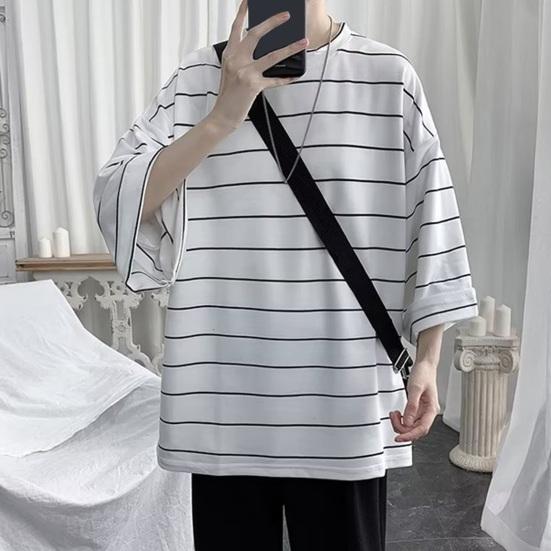 Летний мужской топ в полоску с рукавами три четверти с круглым вырезом Свободный пуловер в японском стиле с разрезом подол средней длины Мягкая повседневная футболка для подростков