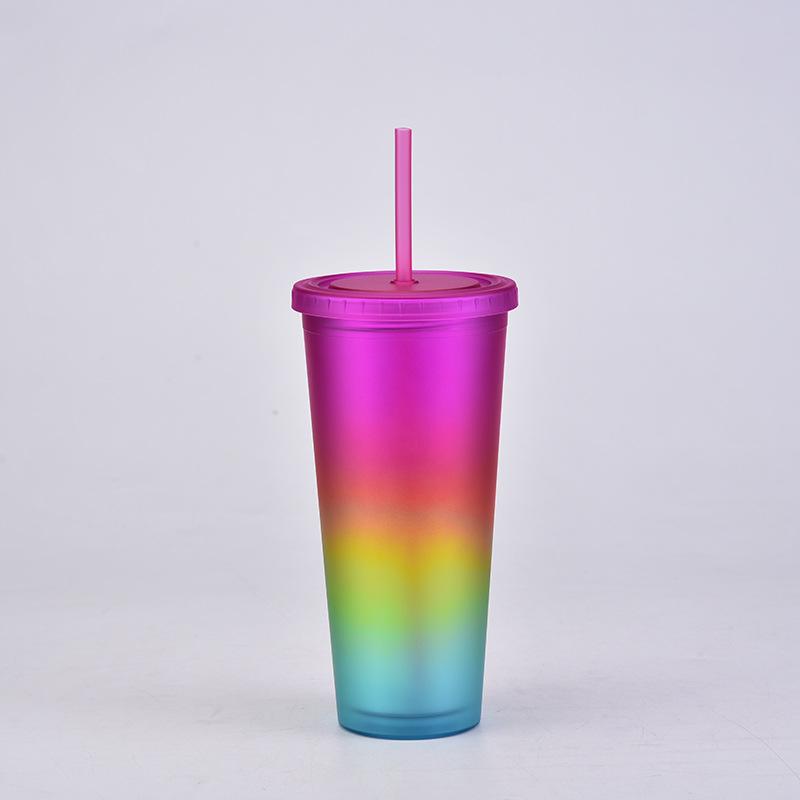 Rainbow Color Wind Double-Layer Plastic Straw Cup Matte Easy Cup Outdoor Sports Water Cup