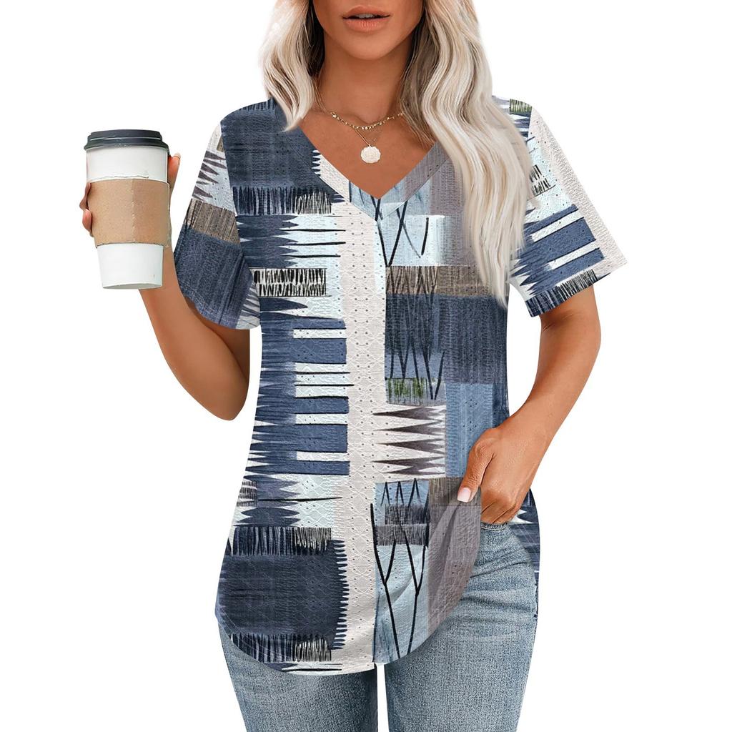 Womens T Shirts V Neck Short Sleeve Casual Tops Loose Fit Basic Tees With Curved Hem