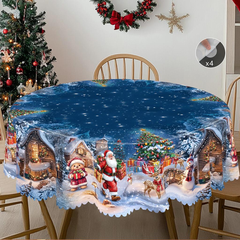 Merry Christmas Themed Printed Tablecloth, Retro Country Farmhouse Style, Santa Claus, Christmas Eve Scene for Christmas
