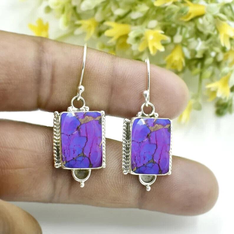 925 Sterling Silver Earring, Purple Copper Turquoise Gemstone Earring