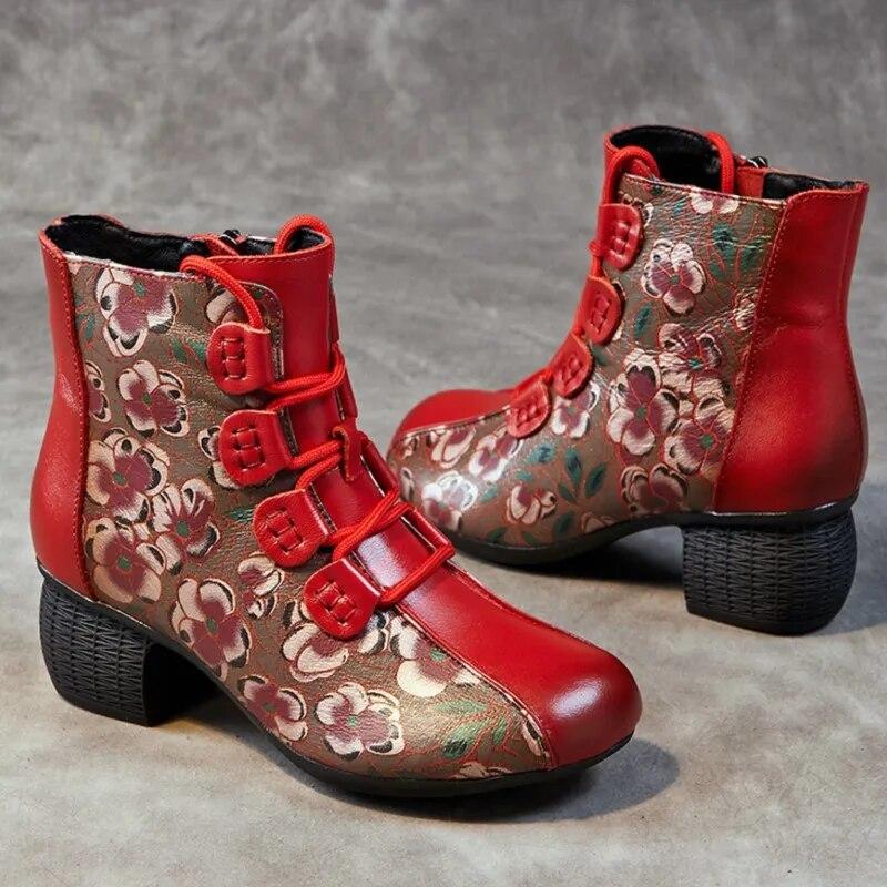 Johnature Короткие ботинки, женские теплые женские туфли с круглым носком и толстым каблуком в этническом стиле, на мягкой подошве с принтом