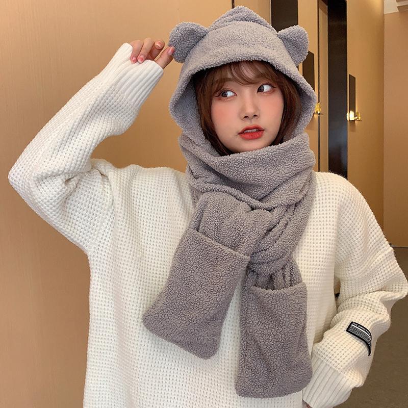 1Pc Cute Bear Ear Hat Scarf Gloves 3-In-1 Winter Warm Hedging Cap Women Windproof Plush Hat Scarf
