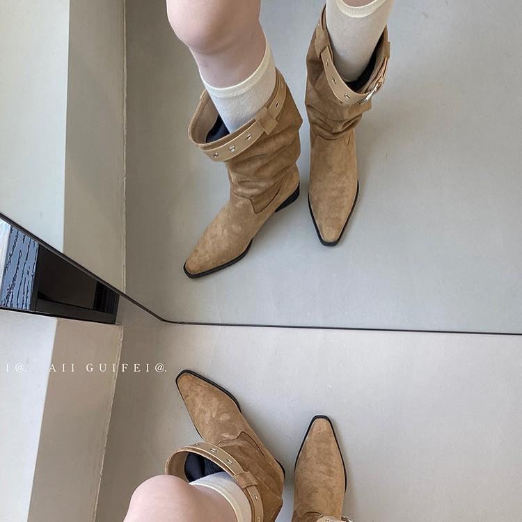 Soft-soled Retro Stacking Boots Thick-heeled Short Boots Women's 2025 New Autumn Long Tube Slim Western Cowboy Martin Boots Tide