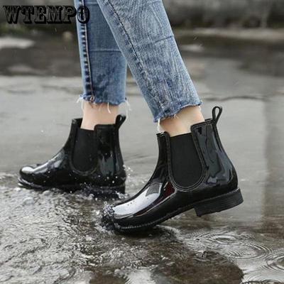 Нескользящие непромокаемые туфли, женские яркие верхние, мягкая подошва, низкий каблук, круглый носок, короткая трубка, износостойкие водонепроницаемые резиновые туфли, дропшиппинг, оптовая продажа