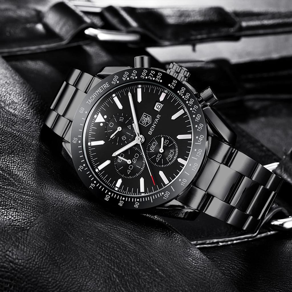 Benyar Men's Chronograph Analog Watch 30M Water Resistant Business Stylish Formal Leather Band Silver Black Quartz Gift