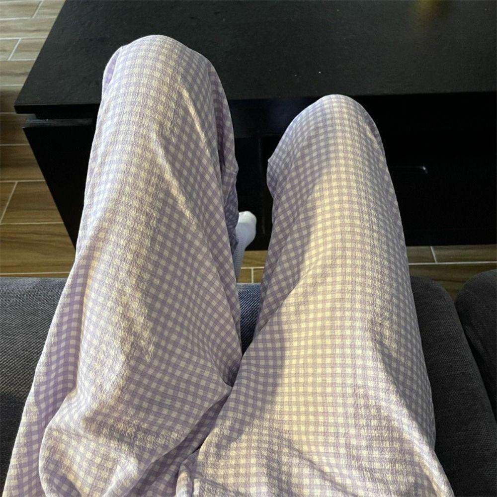 Wide Leg Casual Pants Women Stripe Plaid Baggy Home Pajama Fashion Girls’ Sleepwear Spring Autumn