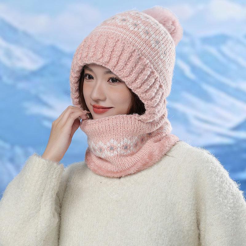 Love Jacquard Warm One-piece Hat Women's Winter Plush Pullover Ear Protection Plush Line Scarf One-piece Hat