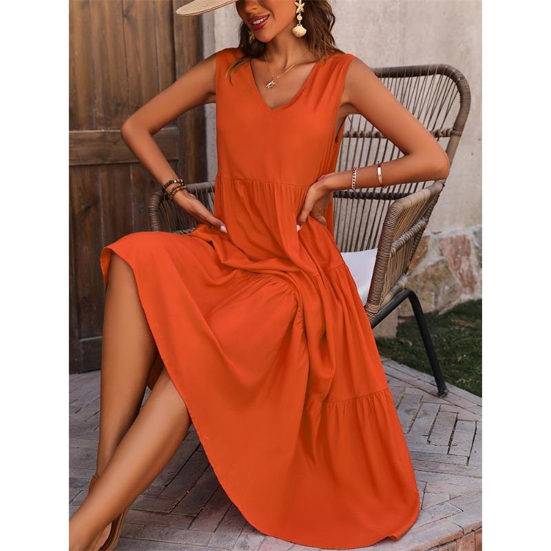 Женская мода лето весна однотонный принт без рукавов с v-образным вырезом свободная талия повседневные платья