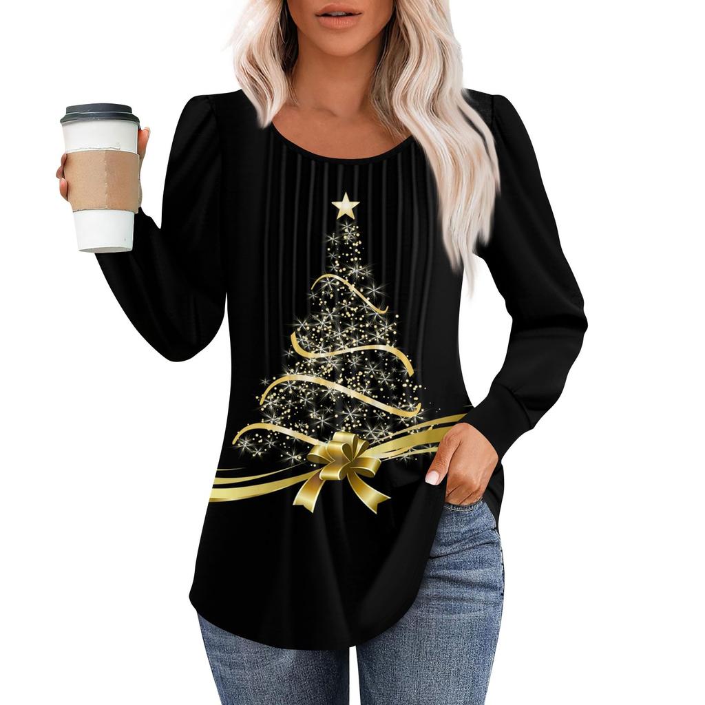 Женская модная повседневная плиссированная футболка с круглым вырезом и рождественским принтом с длинными рукавами