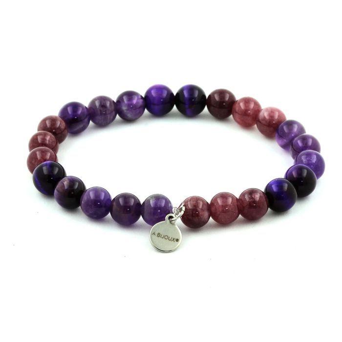 Stones and Minerals. Purple Tiger Eye + Amethyst + Lepidolite 8 Mm Pearl Bracelet. Made In France.