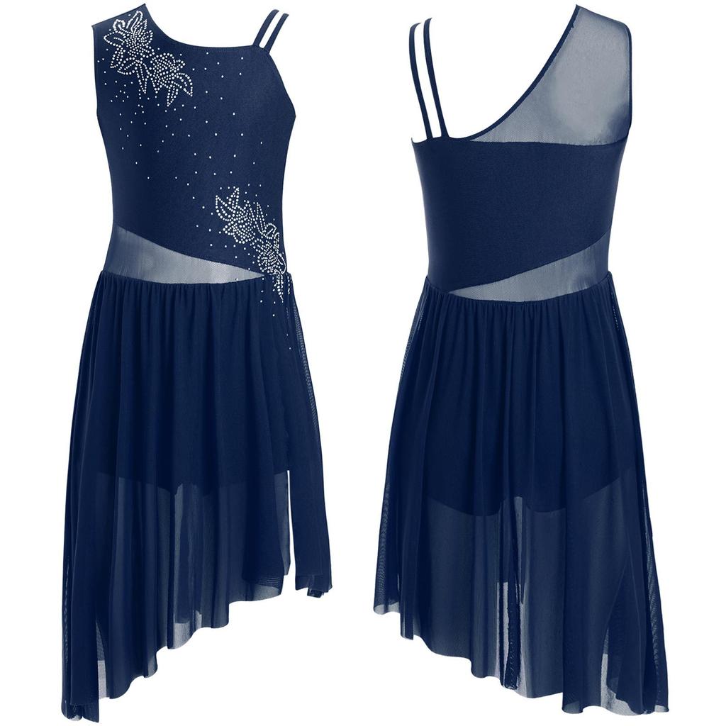 Платье для лирического танца для девочек с цветочным узором и стразами, без рукавов, с асимметричным подолом и боковым разрезом, костюм для выступлений