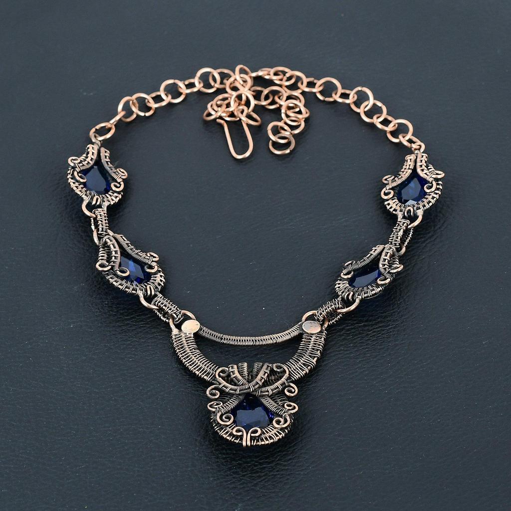 Синий сапфир, созданный в лаборатории драгоценный камень, ювелирное ожерелье ручной работы из чистой медной проволоки для любви
