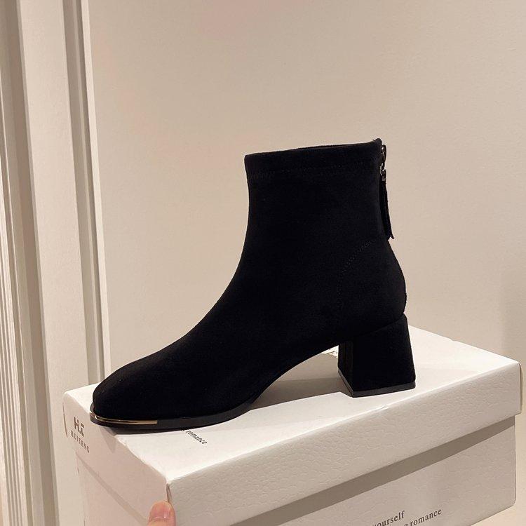 Women Ankle Boots Autumn Winter Fashion High Heels Chunky Middle Heel Suede Short Boots Woman Round Toe Back Zip Casual Shoes