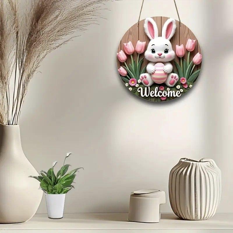 Cute Tulip Rabbit Wooden Hanging Sign, Aesthetic Room Decor for Door, Living Room & Bedroom, Sweet Pastoral Style Wall Plaque