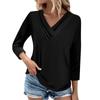 Womens 3/4 Sleeve Daily Weekend V Neck Casual Printed Tshirts Loose Fit Pleated Tees Ladies Blouse