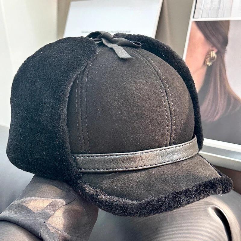 Женские Меховые Шапки-Ушанки из Овечьей Шерсти Теплые Толстые Шапки-Авиаторы Девушки Меховая Бейсболка Русская Унисекс Шляпа Высокого Качества Зимняя Кожаная Шляпа