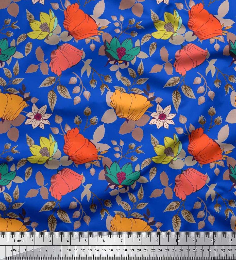 Soimoi Japan Crepe Satin Fabric Leaves & Floral Artistic Fabric Prints By Metre 42 Inch