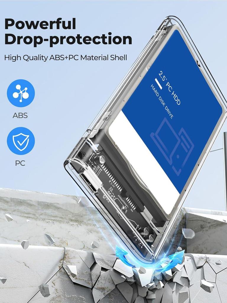2.5'' External Hard Drive Enclosure USB 3.0 To SATA III Tool-Free Clear Hard Disk Case for 2.5 Inch 7mm 9.5mm SATA HDD SSD Max 6TB Support UASP