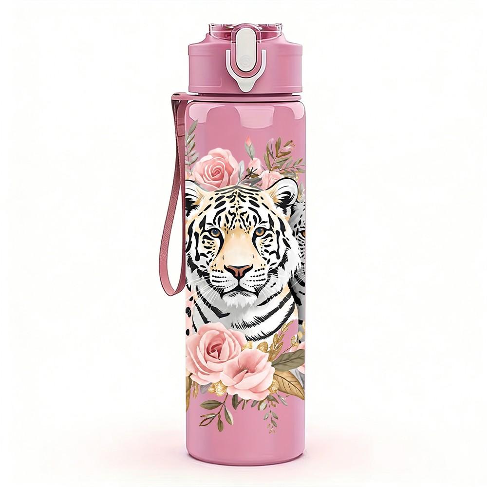 1PC Tiger Flower Wildlife 750ml Color Plastic Sports Water Bottle Leakproof Flip Straw Lid Suitable for Sports Office Home Use