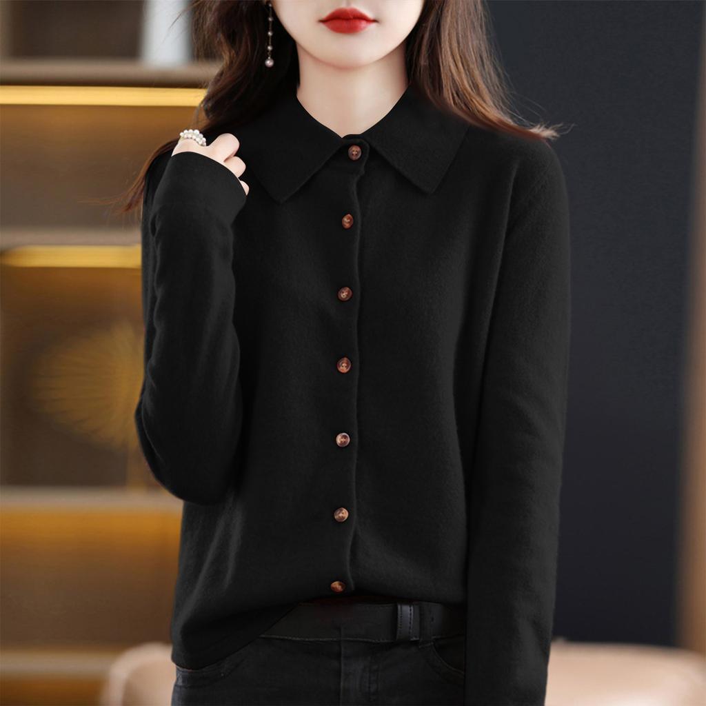 Женский модный повседневный кардиган однотонного цвета свободного кроя с длинными рукавами и отложным воротником