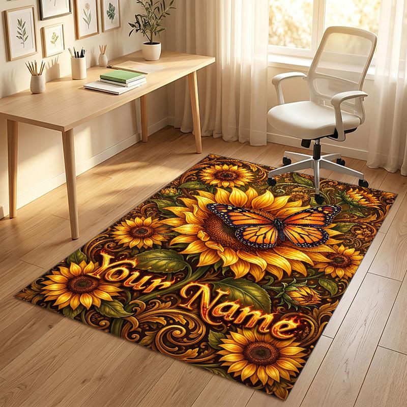 Butterfly Theme Crystal Velvet Rug Personalized Custom Name Text Soft Floor Mat Home Decor