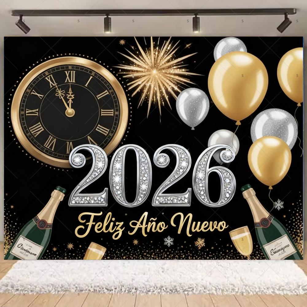 Black Gold 2026 Happy New Year party Decoration Backdrop Aurora Balloon Banner Celebrate Family Surprise Photography Props Gift