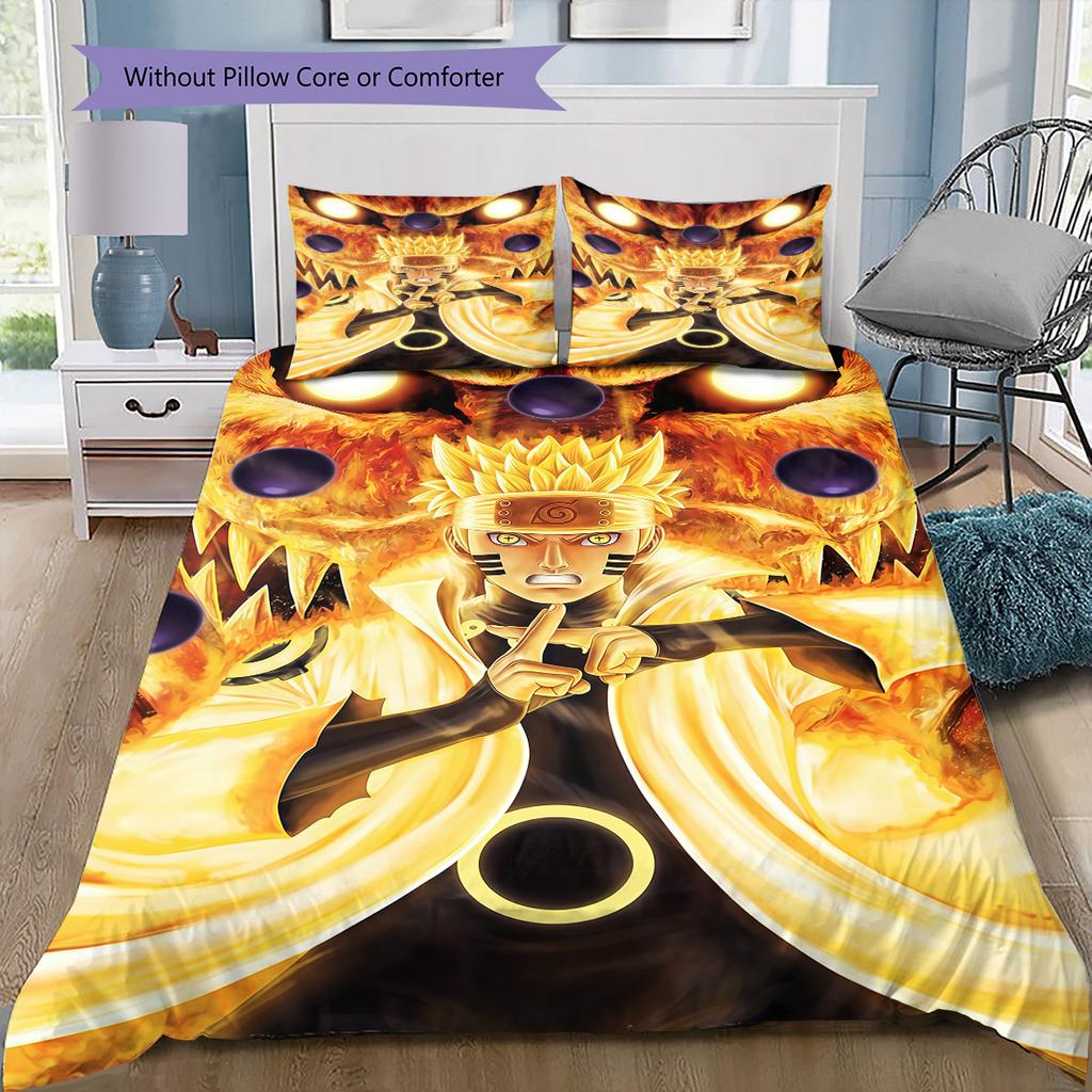 Naruto Nine Tails Fusion Pattern Bedding Quilt Set Quilt Cover Pillowcase Home Birthday Gift(1 * duvet cover + 2 * pillowcase, without core)