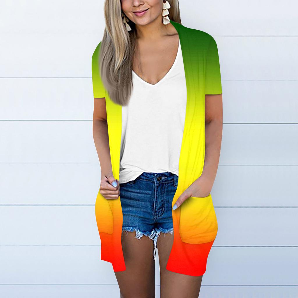 Женский модный свободный повседневный кардиган с карманами и принтом, куртка с короткими рукавами, топ